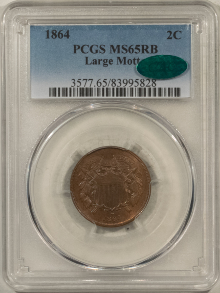 CAC Approved Coins 1864 TWO CENT PIECE, LARGE MOTTO – PCGS MS-65 RB, FRESH, PQ GEM & CAC APPROVED!