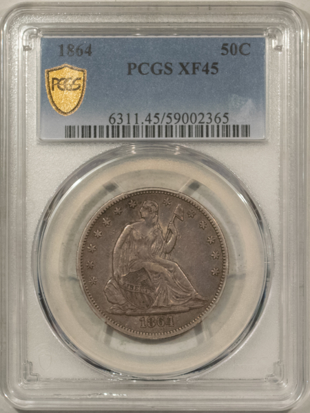 Half Dollars 1864 SEATED LIBERTY HALF DOLLAR – PCGS XF-45, SCARCE CIVIL WAR DATE!