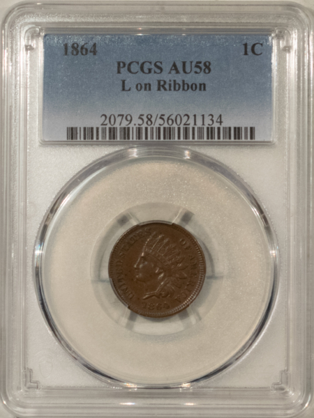 Indian 1864 INDIAN CENT, L ON RIBBON – PCGS AU-58, NICE ORIGINAL!