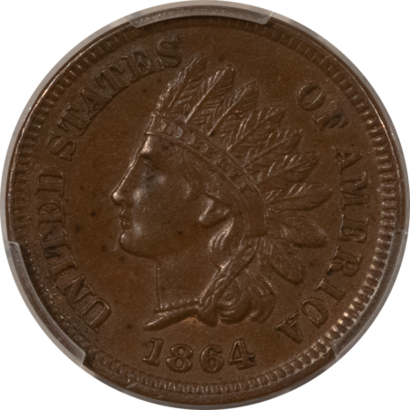 Indian 1864 INDIAN CENT, L ON RIBBON – PCGS AU-58, NICE ORIGINAL!