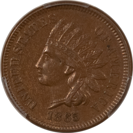 Indian 1865 INDIAN CENT, FANCY 5 – PCGS AU-58, LOOKS UNC!