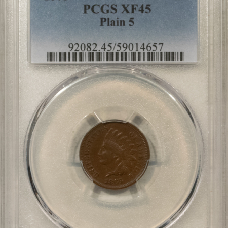 Indian 1865 INDIAN CENT, PLAIN 5, PCGS XF-45!