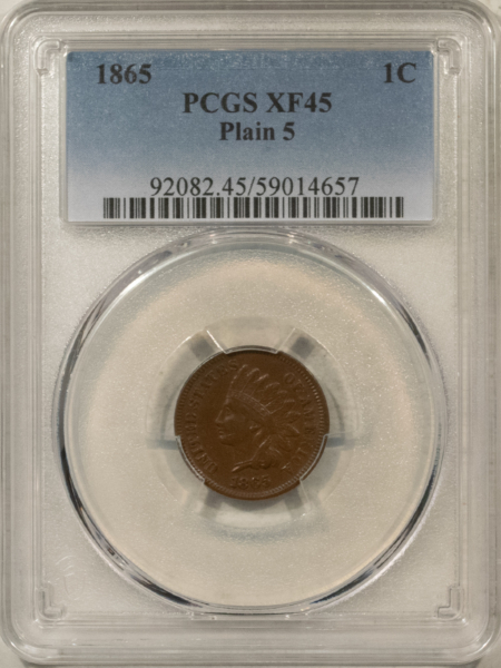 Indian 1865 INDIAN CENT, PLAIN 5, PCGS XF-45!