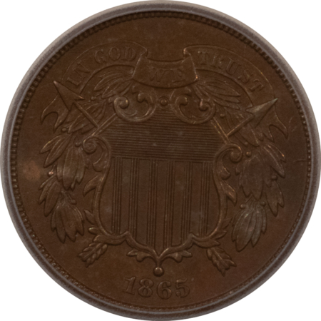 New Certified Coins 1865 TWO CENT PIECE – ICG MS-61 BN, RPD – REPUNCHED DATE, SMOOTH COLOR