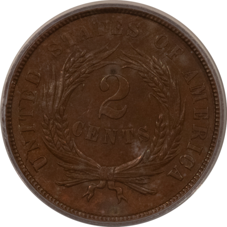 New Certified Coins 1865 TWO CENT PIECE – ICG MS-61 BN, RPD – REPUNCHED DATE, SMOOTH COLOR