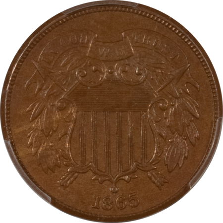 New Certified Coins 1865 TWO CENT PIECE, PLAIN 5, PCGS AU-58, PQ & LOOKS MS-62 BROWN!