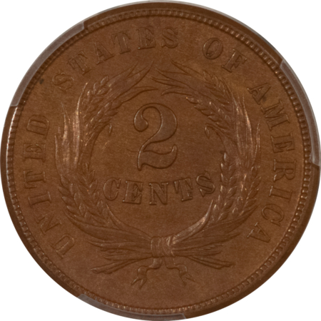 New Certified Coins 1865 TWO CENT PIECE, PLAIN 5, PCGS AU-58, PQ & LOOKS MS-62 BROWN!