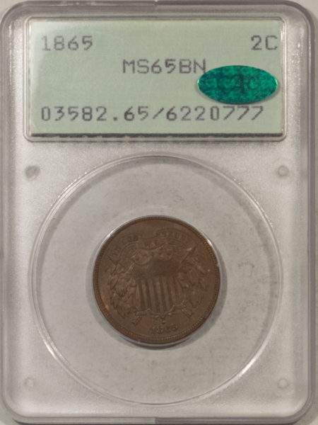 CAC Approved Coins 1865 TWO CENT PIECE – PCGS MS-65 BN, RATTLER! PREMIUM QUALITY & CAC APPROVED!