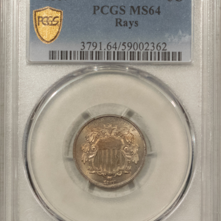 New Certified Coins 1867 SHIELD NICKEL, RAYS – PCGS MS-64, UNDER-RATED DATE! PREMIUM QUALITY!