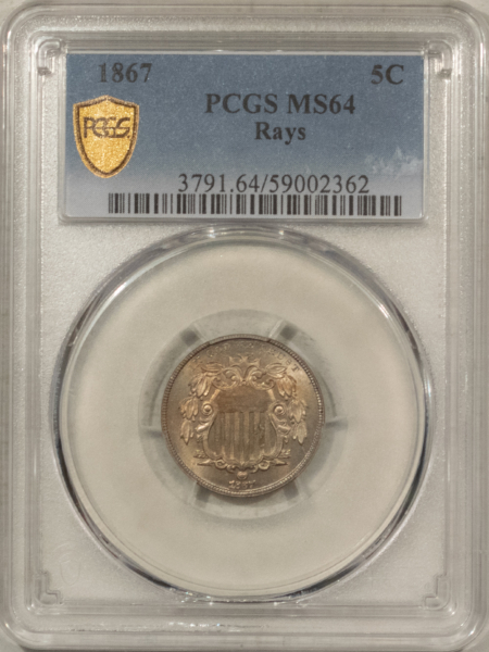 New Certified Coins 1867 SHIELD NICKEL, RAYS – PCGS MS-64, UNDER-RATED DATE! PREMIUM QUALITY!