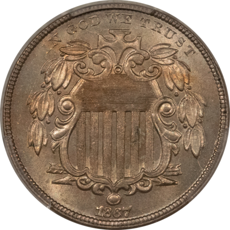 New Certified Coins 1867 SHIELD NICKEL, RAYS – PCGS MS-64, UNDER-RATED DATE! PREMIUM QUALITY!
