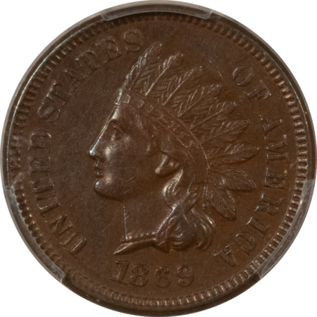 Indian 1869 INDIAN CENT – PCGS AU-50, MEDIUM BROWN & LOOKS BETTER, SUPER NICE!