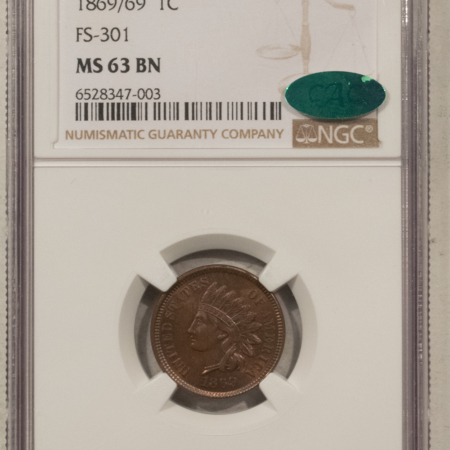 CAC Approved Coins 1869/69 INDIAN CENT, FS-301, S-3 – NGC MS-63 BN CAC, TOUGH & POPULAR, PQ+