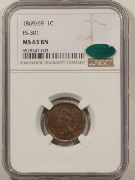 CAC Approved Coins 1869/69 INDIAN CENT, FS-301, S-3 – NGC MS-63 BN CAC, TOUGH & POPULAR, PQ+