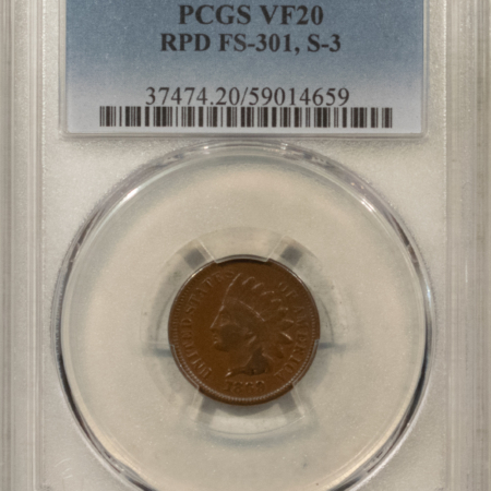 Indian 1869/69 INDIAN CENT, RPD FS-301 S-3, PCGS VF-20, POPULAR REPUNCHED DATE!