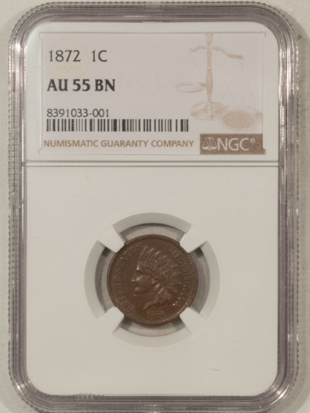 Indian 1872 INDIAN CENT – NGC AU-55 BN, CHOCOLATE BROWN, TOUGH DATE!