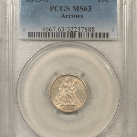 Dimes 1873-S SEATED LIBERTY DIME, ARROWS – PCGS MS-63, TOUGH LOW-POP COIN!