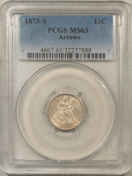 Dimes 1873-S SEATED LIBERTY DIME, ARROWS – PCGS MS-63, TOUGH LOW-POP COIN!