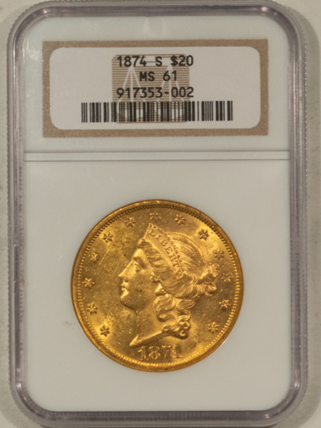 $20 1874-S $20 LIBERTY GOLD DOUBLE EAGLE – NGC MS-61
