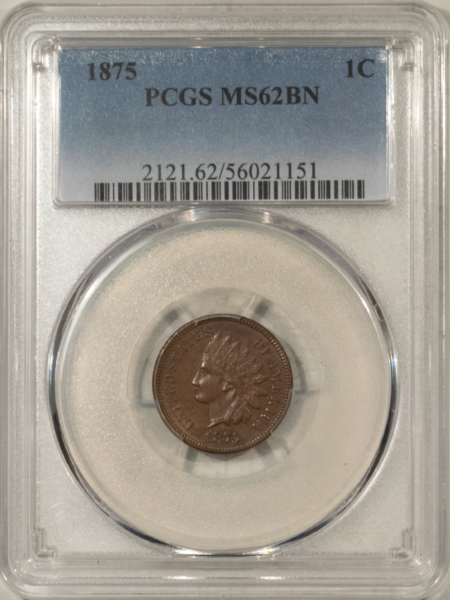 Indian 1875 INDIAN CENT – PCGS MS-62 BN, SMOOTH & PREMIUM QUALITY!