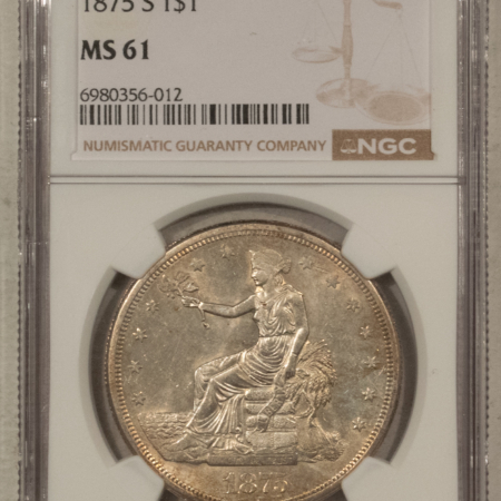 Dollars 1875-S $1 TRADE DOLLAR – NGC MS-61, LUSTROUS & ORIGINAL, GREAT LOOK