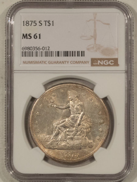 Dollars 1875-S $1 TRADE DOLLAR – NGC MS-61, LUSTROUS & ORIGINAL, GREAT LOOK