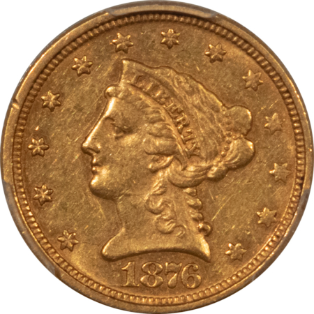 $2.50 1876 $2.50 LIBERTY GOLD QUARTER EAGLE – PCGS AU-53, MINTAGE 4170!