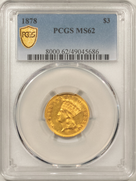 $3 1878 $3 GOLD PRINCESS – PCGS MS-62, FLASHY & ATTRACTIVE, GOLD SHIELD!