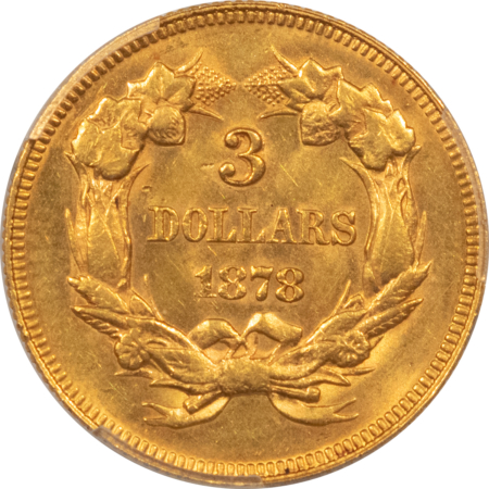 $3 1878 $3 GOLD PRINCESS – PCGS MS-62, FLASHY & ATTRACTIVE, GOLD SHIELD!