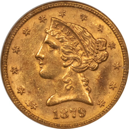 $5 1879 $5 LIBERTY GOLD HALF EAGLE – NGC MS-60, FATTIE HOLDER & SUPER ORIGINAL!