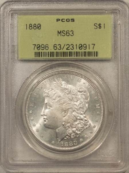 Dollars 1880 $1 MORGAN DOLLAR – PCGS MS-63, OLD GREEN HOLDER & PREMIUM QUALITY!