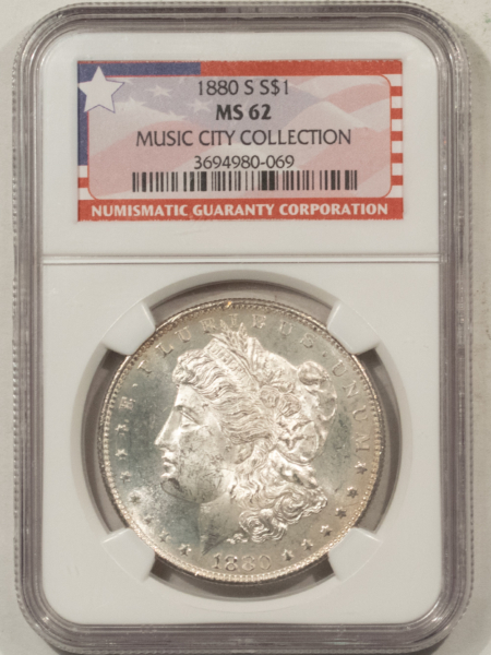 Dollars 1880-S $1 MORGAN DOLLAR – NGC MS-62, MUSIC CITY COLLECTION!