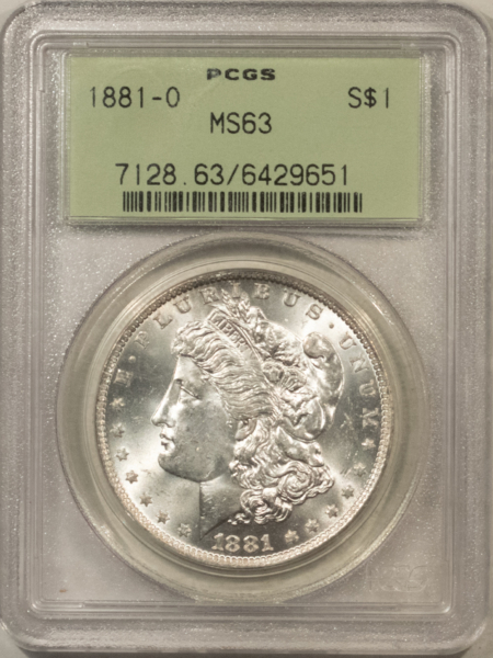 Dollars 1881-O $1 MORGAN DOLLAR – PCGS MS-63, 64+ QUALITY, OLD GREEN HOLDER & PQ!