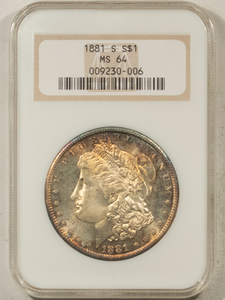 Dollars 1881-S $1 MORGAN DOLLAR – NGC MS-64, LOOKS 65+ FATTY!