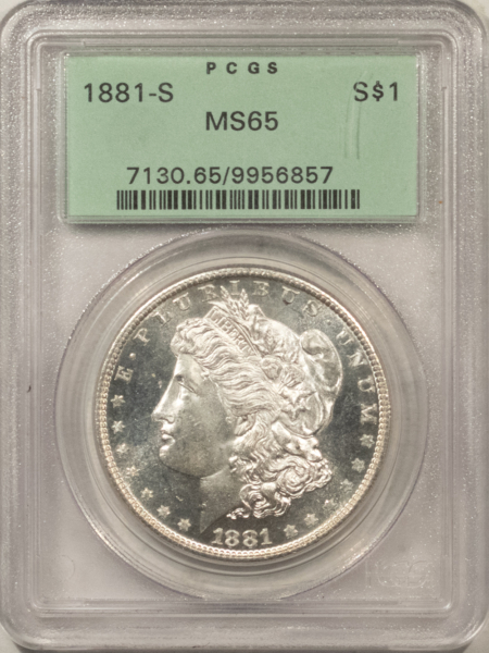 Dollars 1881-S $1 MORGAN DOLLAR – PCGS MS-65, OLD GREEN HOLDER, FRESH WHITE & PQ!
