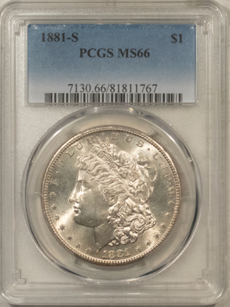 Dollars 1881-S $1 MORGAN DOLLAR – PCGS MS-66, LOOKS 67! SUPER PREMIUM QUALITY!