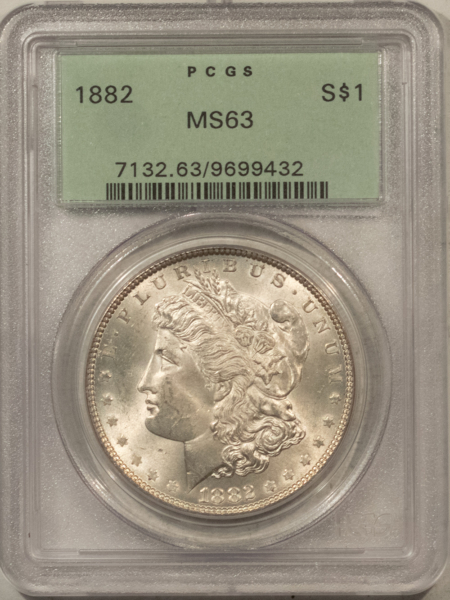 Dollars 1882 $1 MORGAN DOLLAR – PCGS MS-63, OLD GREEN HOLDER & PREMIUM QUALITY!