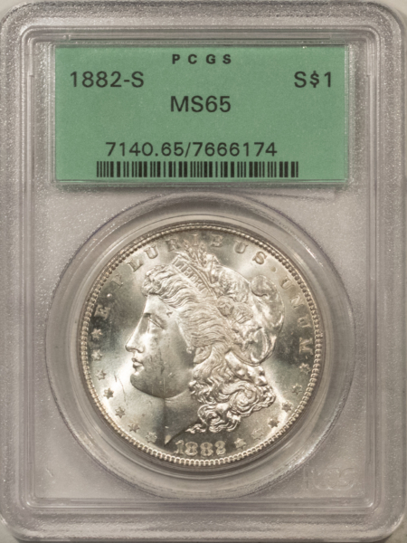Dollars 1882-S $1 MORGAN DOLLAR – PCGS MS-65, OLD GREEN HOLDER & PREMIUM QUALITY!