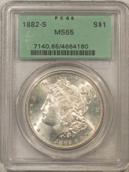 Dollars 1882-S $1 MORGAN DOLLAR – PCGS MS-65, OLD GREEN HOLDER & PREMIUM QUALITY!