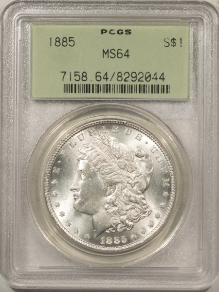 Dollars 1885 $1 MORGAN DOLLAR – PCGS MS-64, OLD GREEN HOLDER & PREMIUM QUALITY!