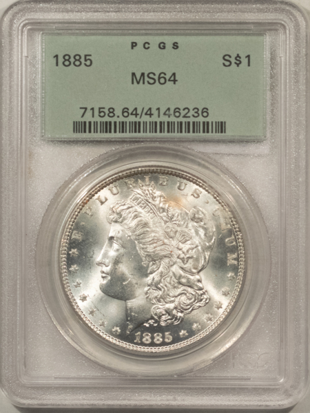 Dollars 1885 $1 MORGAN DOLLAR – PCGS MS-64, OLD GREEN HOLDER & PREMIUM QUALITY!
