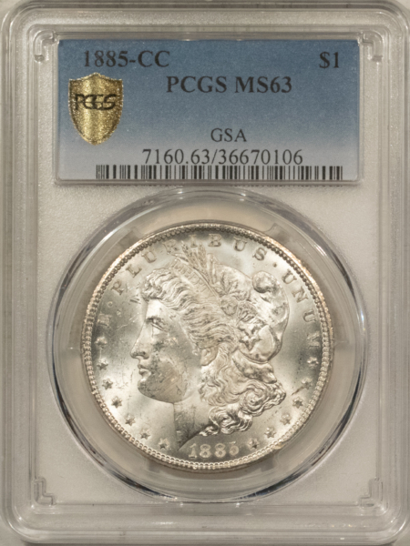 Dollars 1885-CC $1 MORGAN DOLLAR – PCGS MS-63, CARSON CITY!