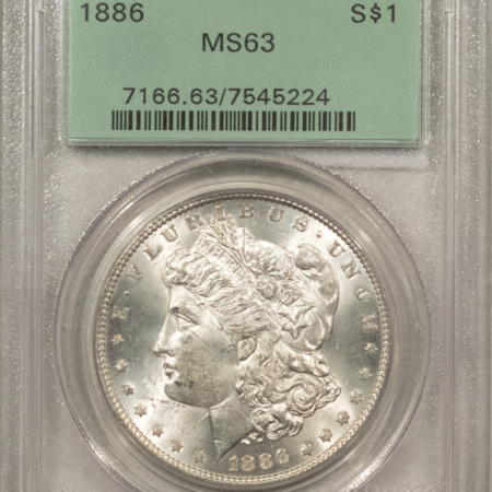 Dollars 1886 $1 MORGAN DOLLAR – PCGS MS-63, OLD GREEN HOLDER & PREMIUM QUALITY!