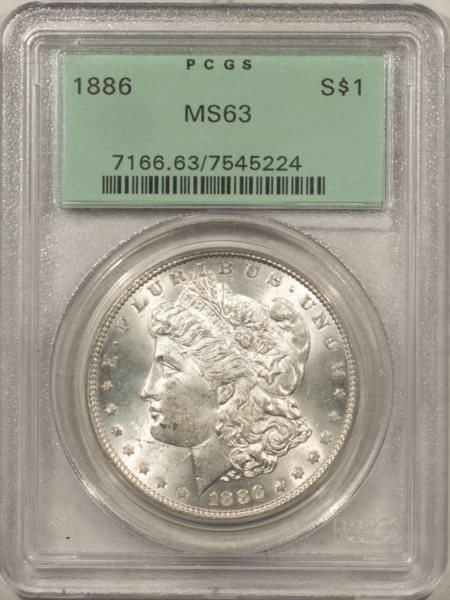 Dollars 1886 $1 MORGAN DOLLAR – PCGS MS-63, OLD GREEN HOLDER & PREMIUM QUALITY!