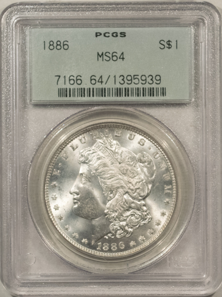 Dollars 1886 $1 MORGAN DOLLAR – PCGS MS-64, OLD GREEN HOLDER & PREMIUM QUALITY!