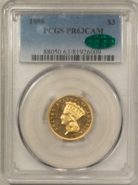 $3 1886 $3 PROOF GOLD DOLLAR – PCGS PR-63 CAM, RARE! CAC APPROVED!