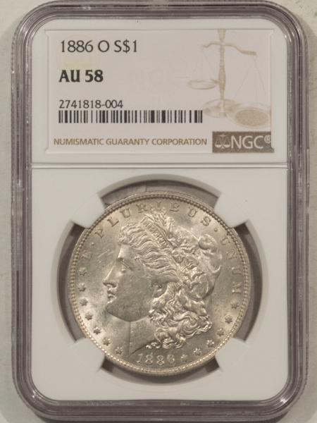 Dollars 1886-O $1 MORGAN DOLLAR – NGC AU-58, FRESH, CLOSE TO UNC!