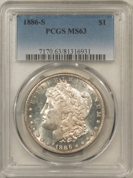 Dollars 1886-S $1 MORGAN DOLLAR – PCGS MS-63, PL OBVERSE!