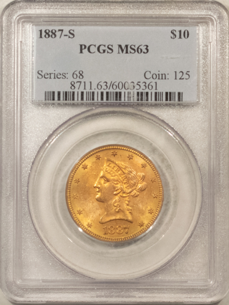 $10 1887-S $10 LIBERTY HEAD EAGLE TY 3, MOTTO – PCGS MS-63, ATTRACTIVE, BETTER DATE