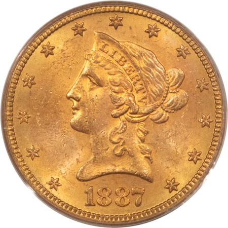 $10 1887-S $10 LIBERTY HEAD EAGLE TY 3, MOTTO – PCGS MS-63, ATTRACTIVE, BETTER DATE